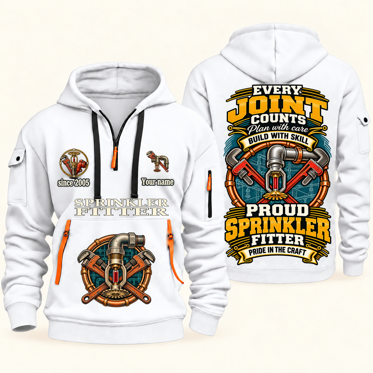 Sprinkler Fitter Every Joint Counts Quarter-Zip Hoodie in White, authentic overlapping front and back views with sprinkler fitter artwork and source sample name/year lettering.
