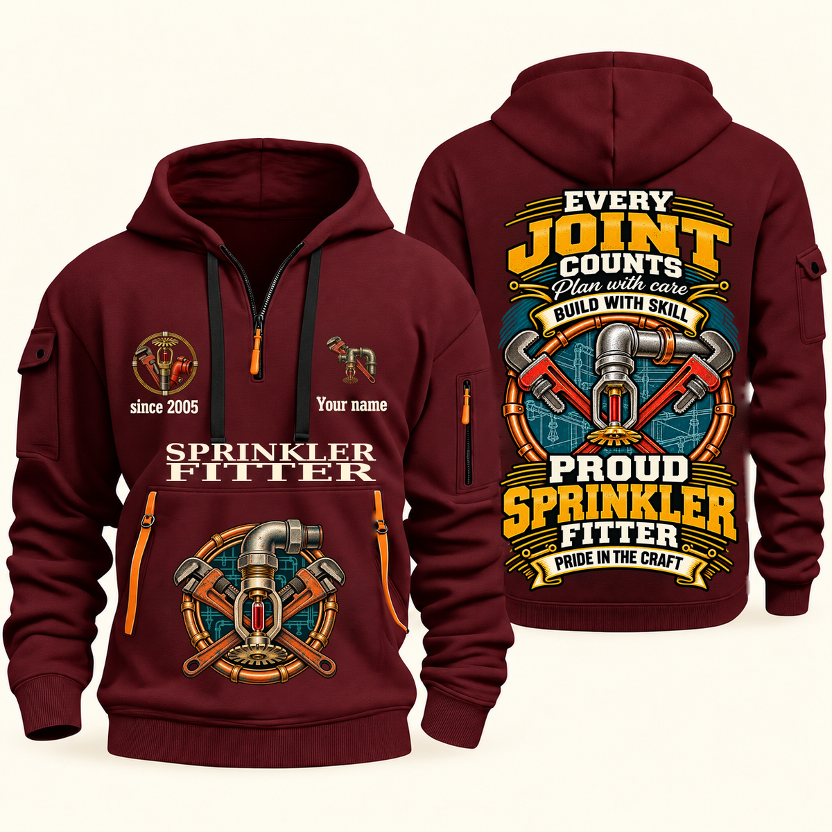 Sprinkler Fitter Every Joint Counts Quarter-Zip Hoodie in Wine Red, authentic overlapping front and back views with sprinkler fitter artwork and source sample name/year lettering.