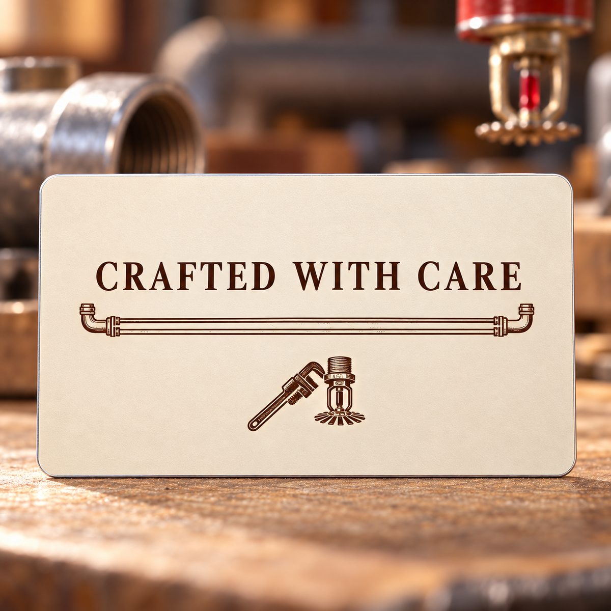 Ivory reverse of the Sprinkler Fitter Every Joint aluminum wallet card, with the words Crafted with Care, fine pipework lines and small pipe wrench and fire-sprinkler illustrations.