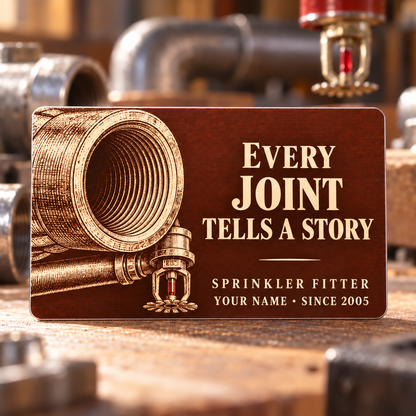 Sprinkler Fitter Every Joint aluminum wallet card with a chestnut field, cream threaded-pipe coupling and fire-protection sprinkler artwork, standing on a fitting-workshop bench.
