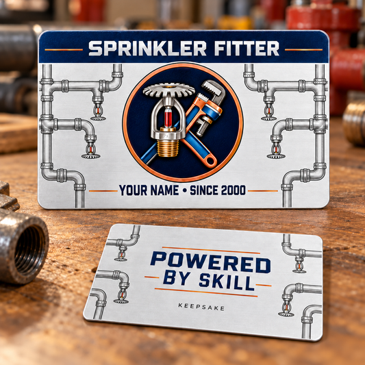Sprinkler Fitter Aluminum Wallet Card - Everyday Dedication – product view with CUSTOM NAME and SINCE 2000