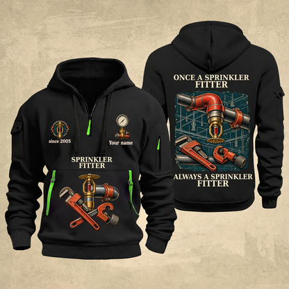 Sprinkler Fitter Proud of the Trade Quarter-Zip Hoodie in Black, full authentic front and back views with matching sprinkler fitter tools and equipment artwork, original sample name/year and once-and-always trade motto.