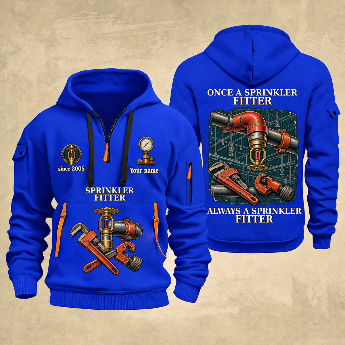 Sprinkler Fitter Proud of the Trade Quarter-Zip Hoodie in Blue, full authentic front and back views with matching sprinkler fitter tools and equipment artwork, original sample name/year and once-and-always trade motto.