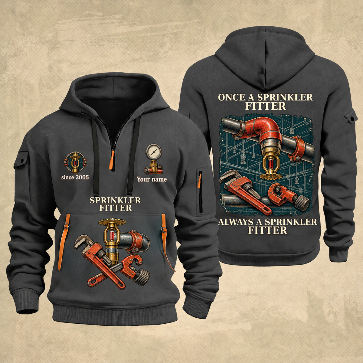 Sprinkler Fitter Proud of the Trade Quarter-Zip Hoodie in Gray, full authentic front and back views with matching sprinkler fitter tools and equipment artwork, original sample name/year and once-and-always trade motto.