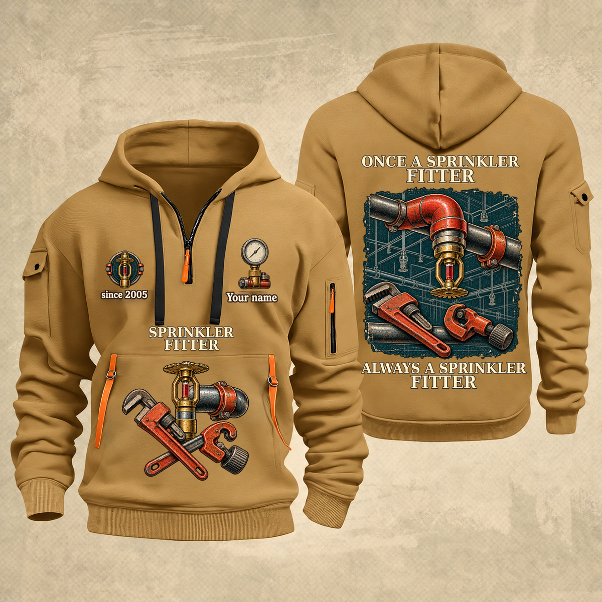 Sprinkler Fitter Proud of the Trade Quarter-Zip Hoodie in Khaki, full authentic front and back views with matching sprinkler fitter tools and equipment artwork, original sample name/year and once-and-always trade motto.