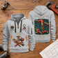 Sprinkler Fitter Proud of the Trade Quarter-Zip Hoodie in Light Grey, full authentic front and back views with matching sprinkler fitter tools and equipment artwork, original sample name/year and once-and-always trade motto. On a sprinkler fitter workbench.