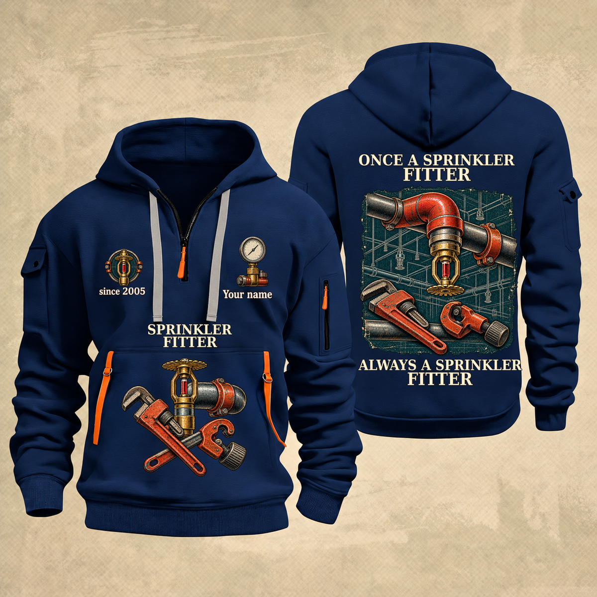 Sprinkler Fitter Proud of the Trade Quarter-Zip Hoodie in Navy, full authentic front and back views with matching sprinkler fitter tools and equipment artwork, original sample name/year and once-and-always trade motto.