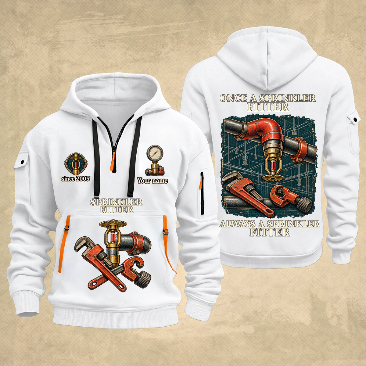 Sprinkler Fitter Proud of the Trade Quarter-Zip Hoodie in White, full authentic front and back views with matching sprinkler fitter tools and equipment artwork, original sample name/year and once-and-always trade motto.