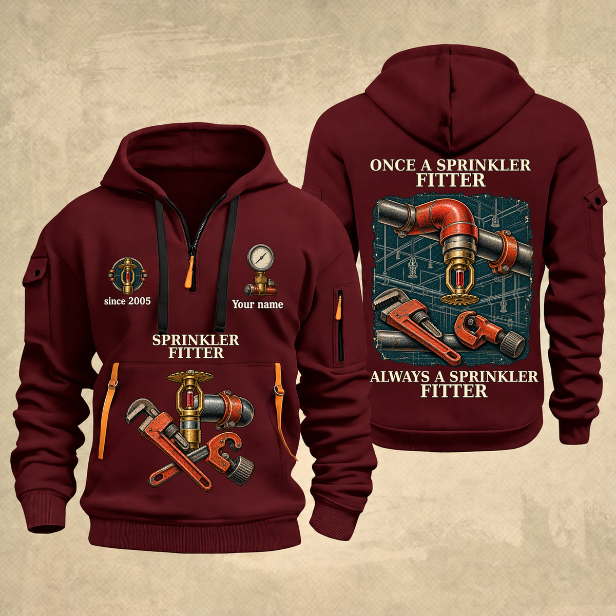 Sprinkler Fitter Proud of the Trade Quarter-Zip Hoodie in Wine Red, full authentic front and back views with matching sprinkler fitter tools and equipment artwork, original sample name/year and once-and-always trade motto.