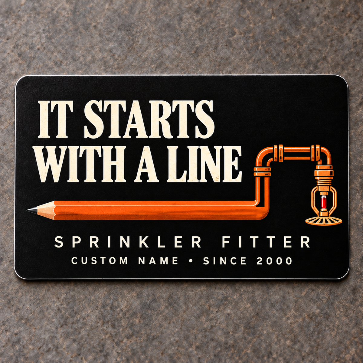 Sprinkler Fitter First Line Aluminum Wallet Card – product view with CUSTOM NAME and SINCE 2000