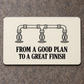Ivory reverse of the Sprinkler Fitter First Line aluminum wallet card. Black fire-suppression pipe-plan illustration above FROM A GOOD PLAN TO A GREAT FINISH lettering.