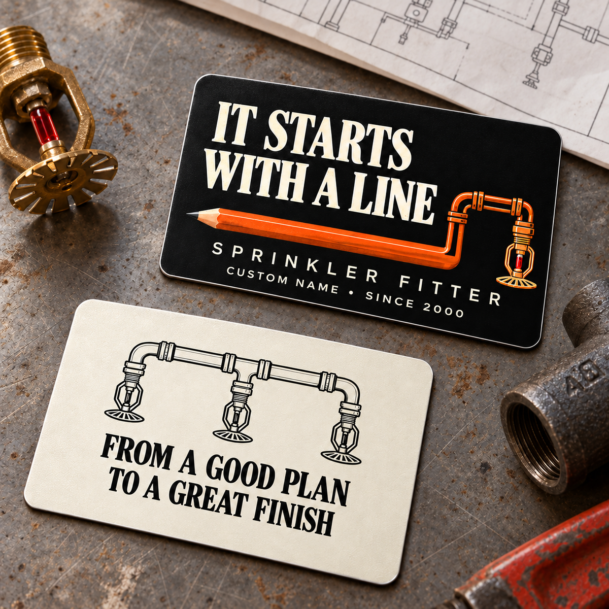 Sprinkler Fitter First Line Aluminum Wallet Card – product view with CUSTOM NAME and SINCE 2000