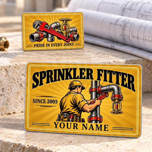 Sprinkler Fitter Golden Milestone Aluminum Wallet Card, showing the complete front and reverse with golden sunburst, cream double borders, black vintage lettering, a sprinkler fitter at a fire-protection riser, and a pipe wrench with steel fittings and brass fire-sprinkler head; two views of one fixed-artwork card.