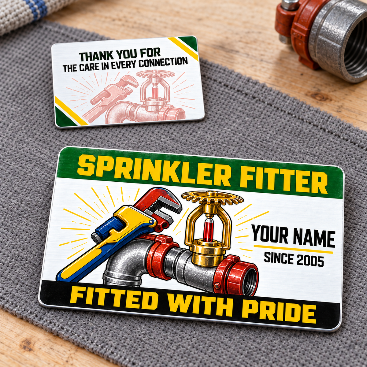 Sprinkler Fitter Green Band Aluminum Wallet Card, showing the complete front and reverse with bright green and yellow bands, white center, blue-and-yellow pipe wrench, steel fittings and brass fire-sprinkler head, with a pale pink reverse illustration; two views of one fixed-artwork card.