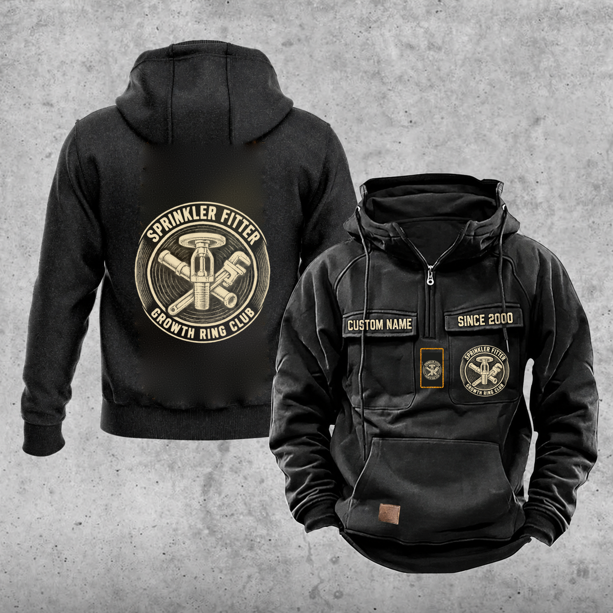 Sprinkler Fitter Vintage Hoodie - Growth Ring Club — Black; faithful original Vintage Hoodie front and back artwork; CUSTOM NAME and SINCE 2000 on front chest.