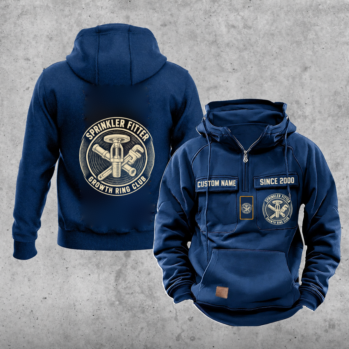 Sprinkler Fitter Vintage Hoodie - Growth Ring Club — Dark Blue; faithful original Vintage Hoodie front and back artwork; CUSTOM NAME and SINCE 2000 on front chest.