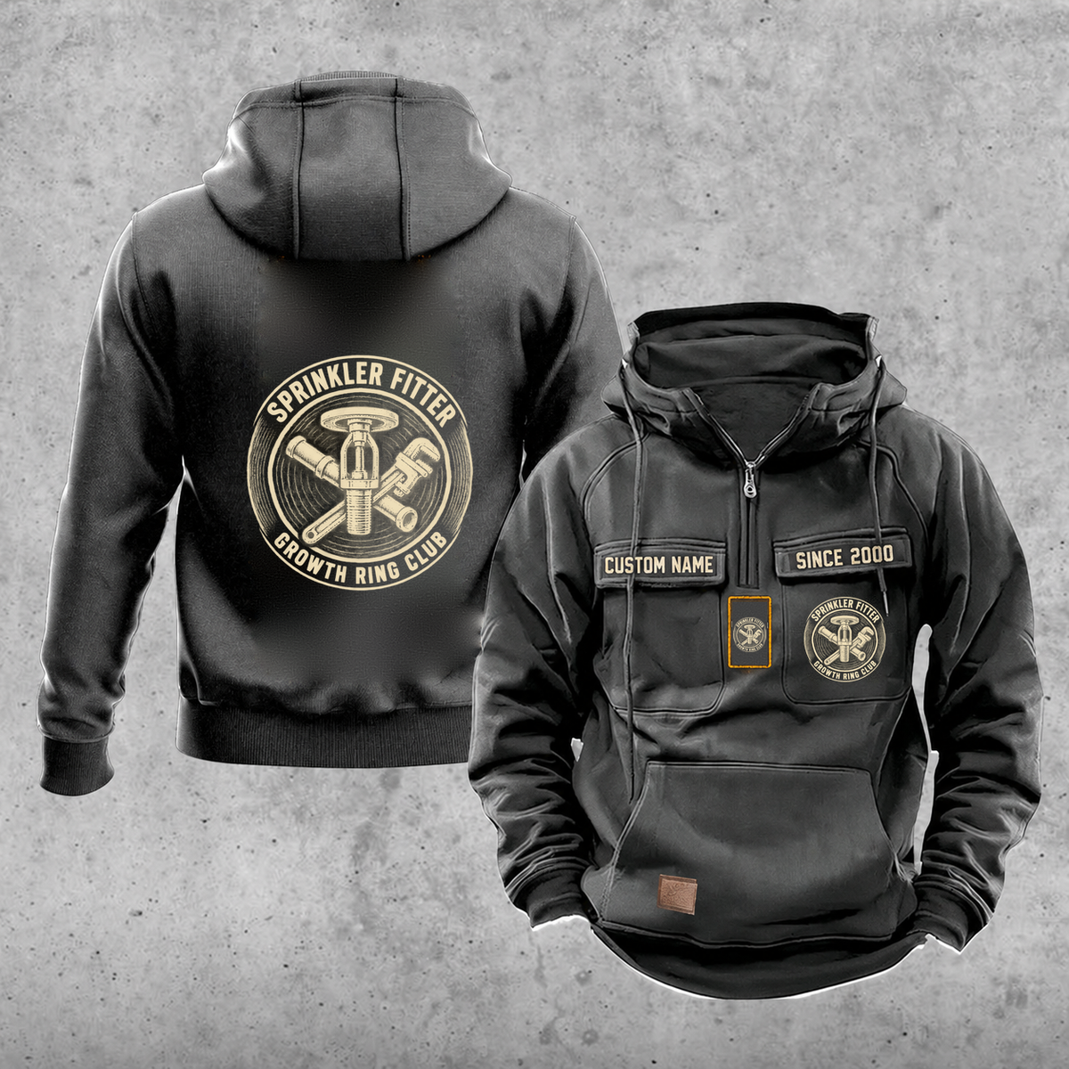 Sprinkler Fitter Vintage Hoodie - Growth Ring Club — Dark Gray; faithful original Vintage Hoodie front and back artwork; CUSTOM NAME and SINCE 2000 on front chest.