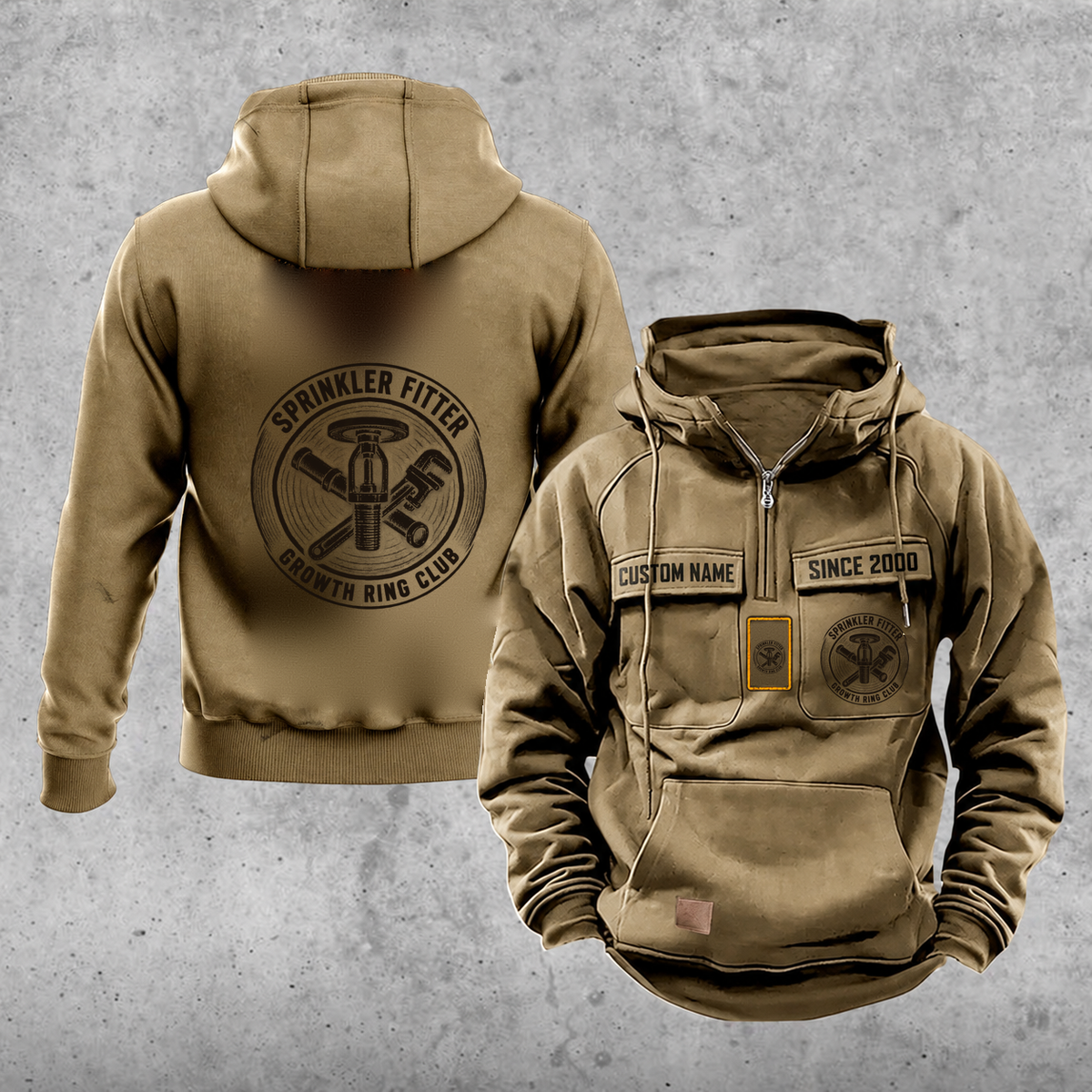 Sprinkler Fitter Vintage Hoodie - Growth Ring Club — Khaki; faithful original Vintage Hoodie front and back artwork; CUSTOM NAME and SINCE 2000 on front chest.