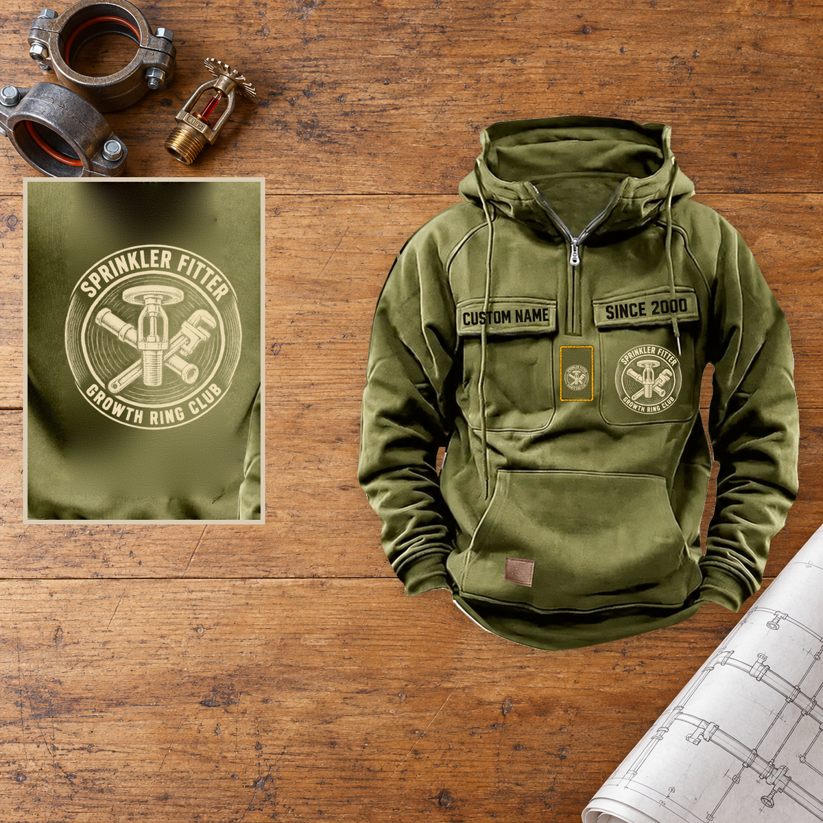Sprinkler Fitter Vintage Hoodie - Growth Ring Club — Hero; faithful original Vintage Hoodie front and back artwork; CUSTOM NAME and SINCE 2000 on front chest.