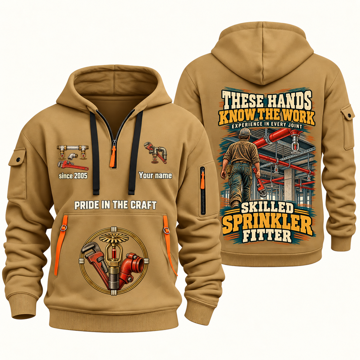 Sprinkler Fitter Hands That Power Quarter-Zip Hoodie in Khaki, authentic overlapping front and back views with sprinkler fitter artwork and source sample name/year lettering.