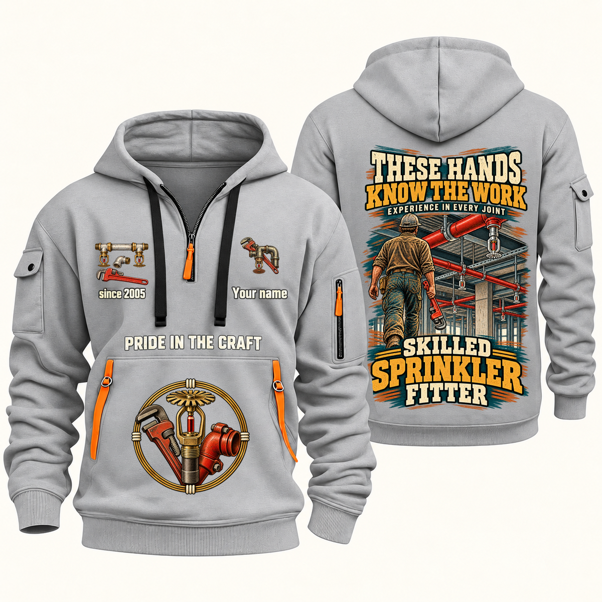 Sprinkler Fitter Hands That Power Quarter-Zip Hoodie in Light Grey, authentic overlapping front and back views with sprinkler fitter artwork and source sample name/year lettering.