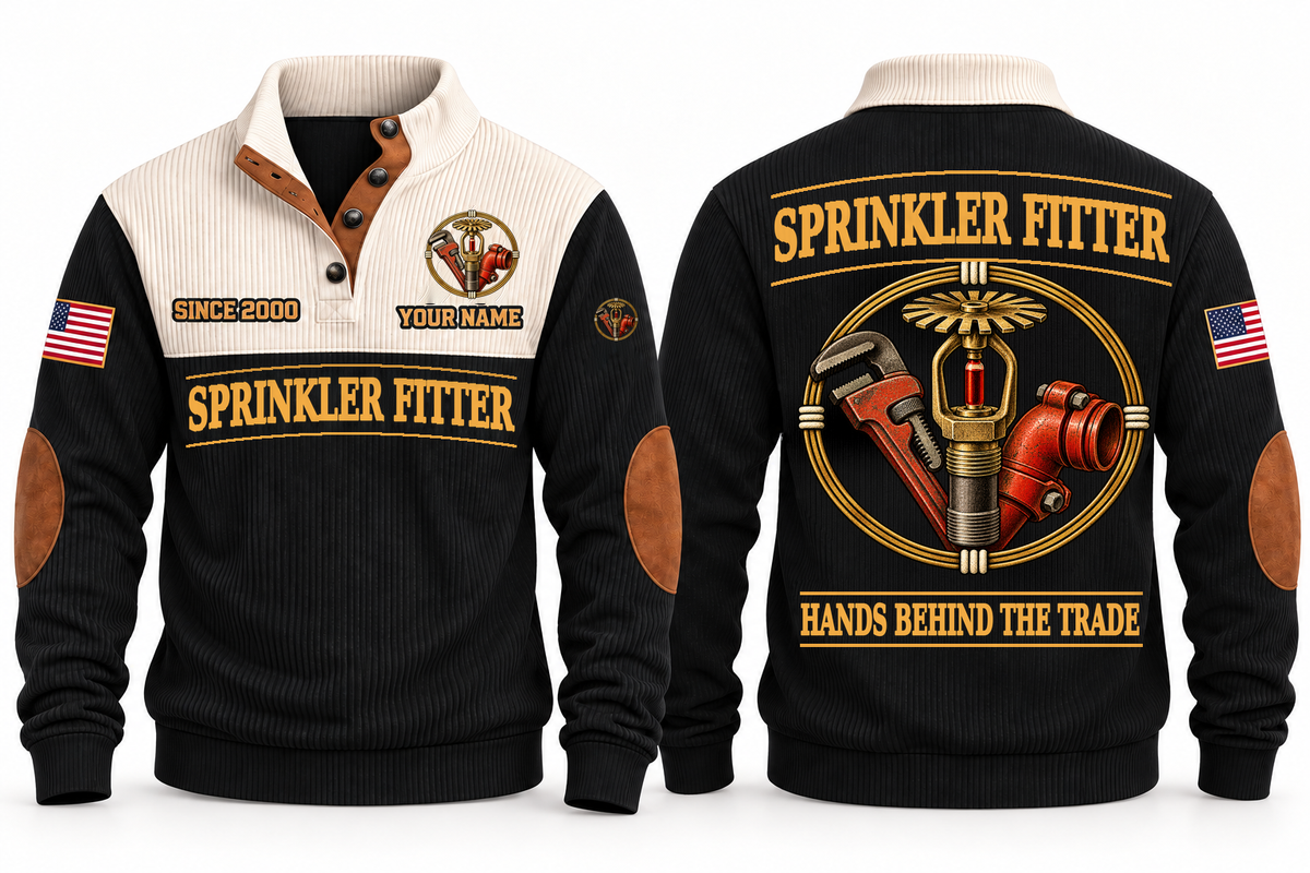 Sprinkler Fitter Hands Behind the Trade Sports Sweatshirt in Black, front and back with fire sprinkler head, pipe wrench and grooved pipe fitting, plus illustrative sample name and year.