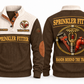 Sprinkler Fitter Hands Behind the Trade Sports Sweatshirt in Brown, front and back with fire sprinkler head, pipe wrench and grooved pipe fitting, plus illustrative sample name and year.