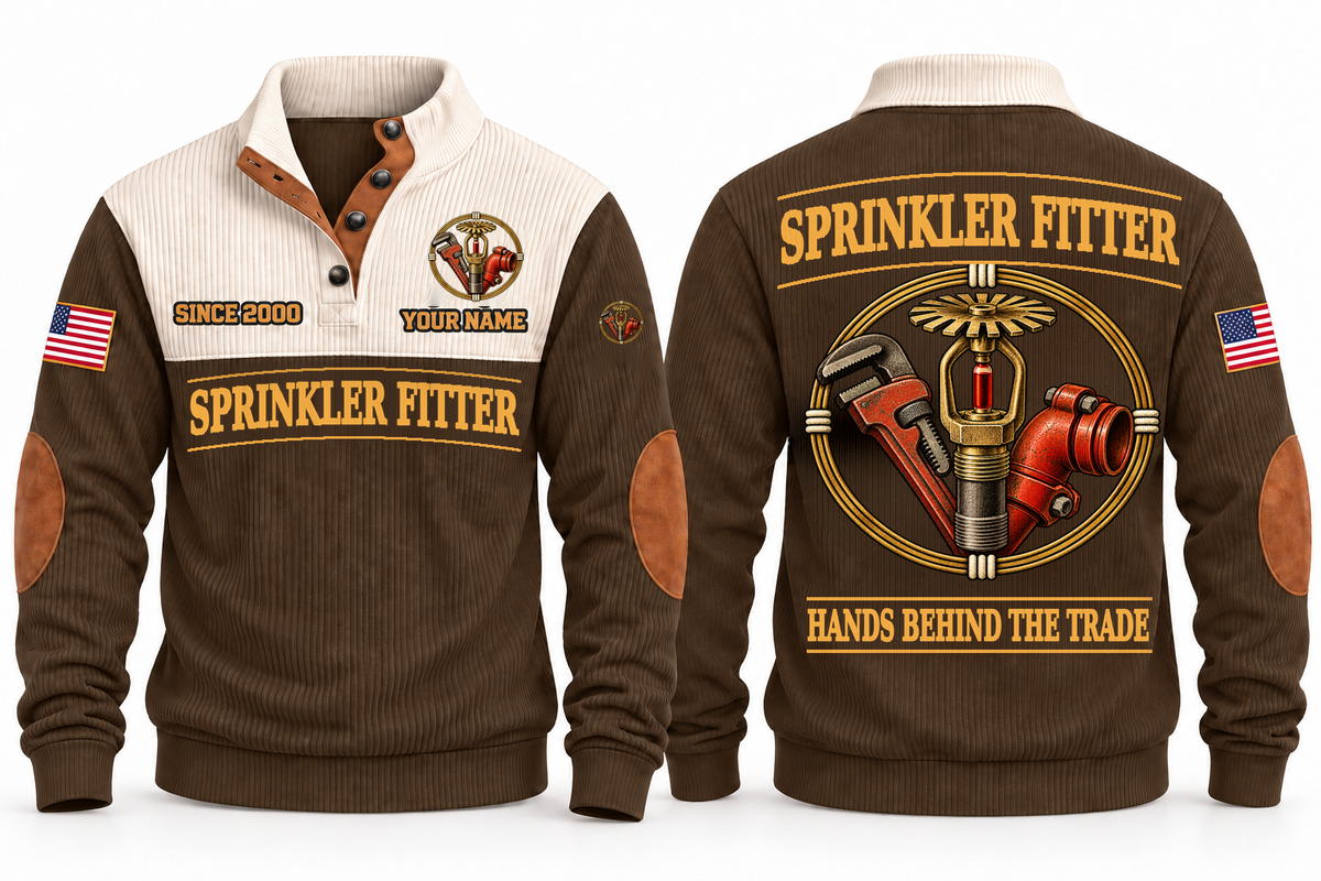Sprinkler Fitter Hands Behind the Trade Sports Sweatshirt in Brown, front and back with fire sprinkler head, pipe wrench and grooved pipe fitting, plus illustrative sample name and year.