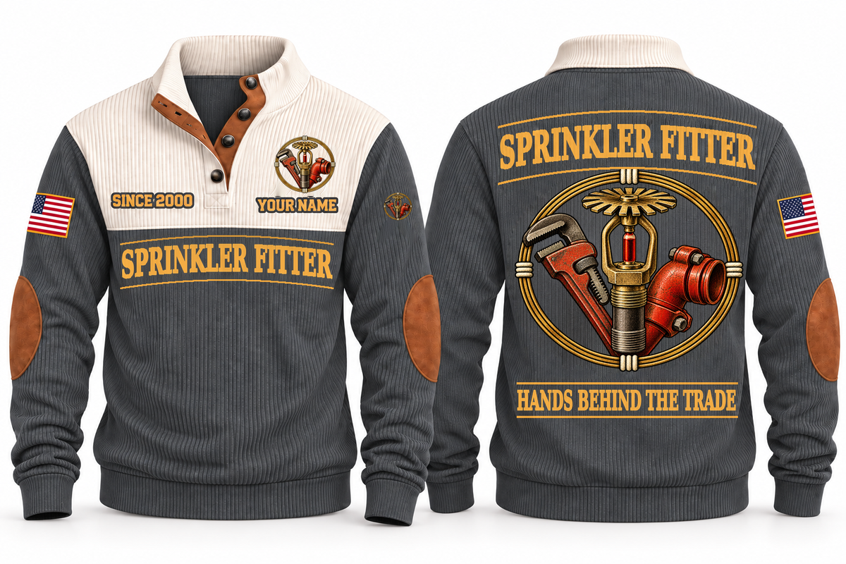 Sprinkler Fitter Hands Behind the Trade Sports Sweatshirt in Grey, front and back with fire sprinkler head, pipe wrench and grooved pipe fitting, plus illustrative sample name and year.