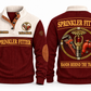 Sprinkler Fitter Hands Behind the Trade Sports Sweatshirt in Jujube Red, front and back with fire sprinkler head, pipe wrench and grooved pipe fitting, plus illustrative sample name and year.
