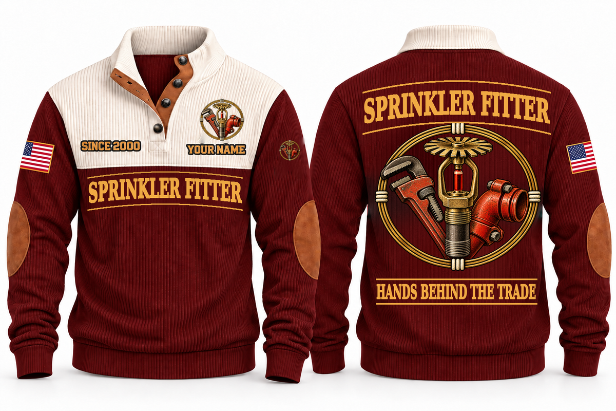 Sprinkler Fitter Hands Behind the Trade Sports Sweatshirt in Jujube Red, front and back with fire sprinkler head, pipe wrench and grooved pipe fitting, plus illustrative sample name and year.