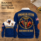 Sprinkler Fitter Hands Behind the Trade Sports Sweatshirt in Navy, dominant source-visible back with smaller complete front view on a wooden workbench.