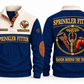 Sprinkler Fitter Hands Behind the Trade Sports Sweatshirt in Navy, front and back with fire sprinkler head, pipe wrench and grooved pipe fitting, plus illustrative sample name and year.