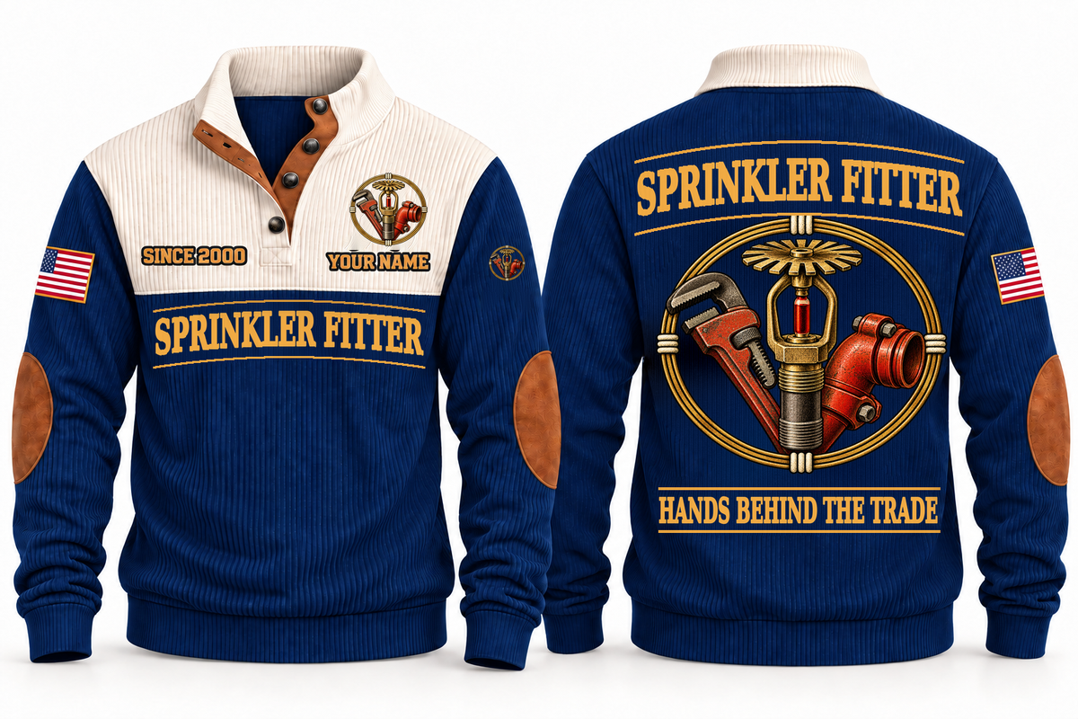 Sprinkler Fitter Hands Behind the Trade Sports Sweatshirt in Navy, front and back with fire sprinkler head, pipe wrench and grooved pipe fitting, plus illustrative sample name and year.
