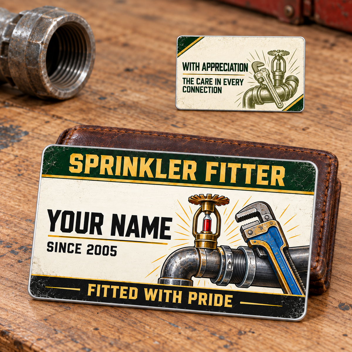 Sprinkler Fitter Heritage Band Aluminum Wallet Card, showing the complete front and reverse with weathered forest-green, muted-gold and cream artwork with left-aligned sample name, blue-and-gold pipe wrench, steel fittings and brass fire-sprinkler head; olive reverse illustration; two views of one fixed-artwork card.