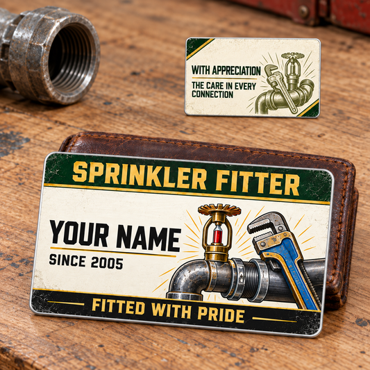 Sprinkler Fitter Heritage Band Aluminum Wallet Card, showing the complete front and reverse with weathered forest-green, muted-gold and cream artwork with left-aligned sample name, blue-and-gold pipe wrench, steel fittings and brass fire-sprinkler head; olive reverse illustration; two views of one fixed-artwork card.