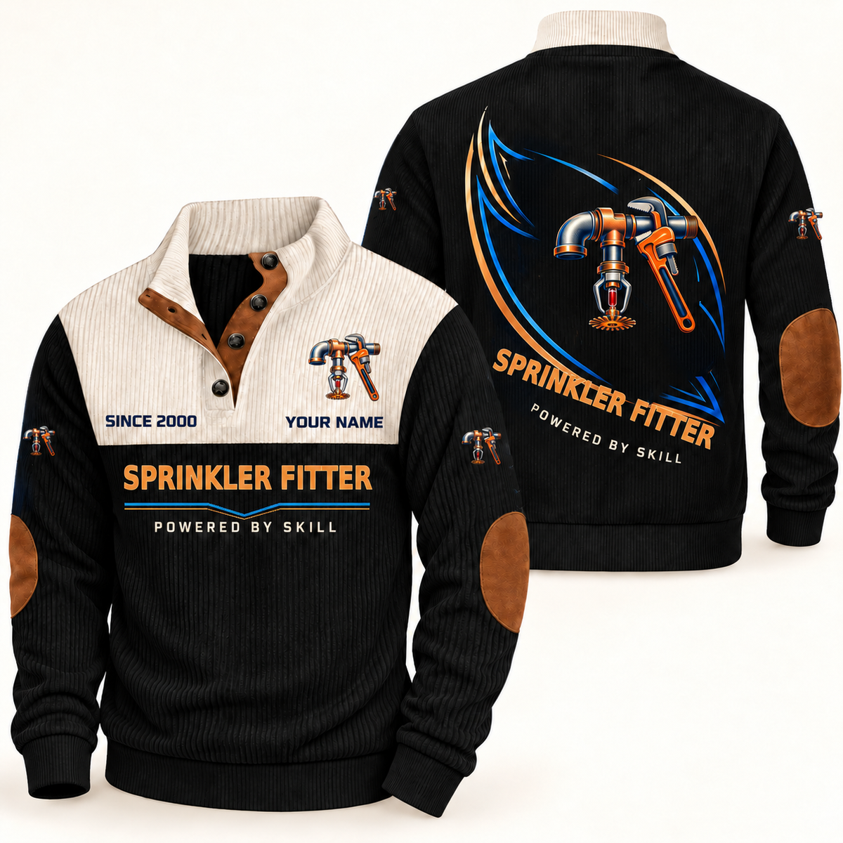 Sprinkler Fitter Heritage Collar Sports Sweatshirt in Black, front and back, with blue and orange fire-sprinkler pipework, pendent sprinkler head and pipe wrench artwork, SPRINKLER FITTER and POWERED BY SKILL lettering, and sample YOUR NAME text.