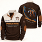 Sprinkler Fitter Heritage Collar Sports Sweatshirt in Brown, front and back, with blue and orange fire-sprinkler pipework, pendent sprinkler head and pipe wrench artwork, SPRINKLER FITTER and POWERED BY SKILL lettering, and sample YOUR NAME text.