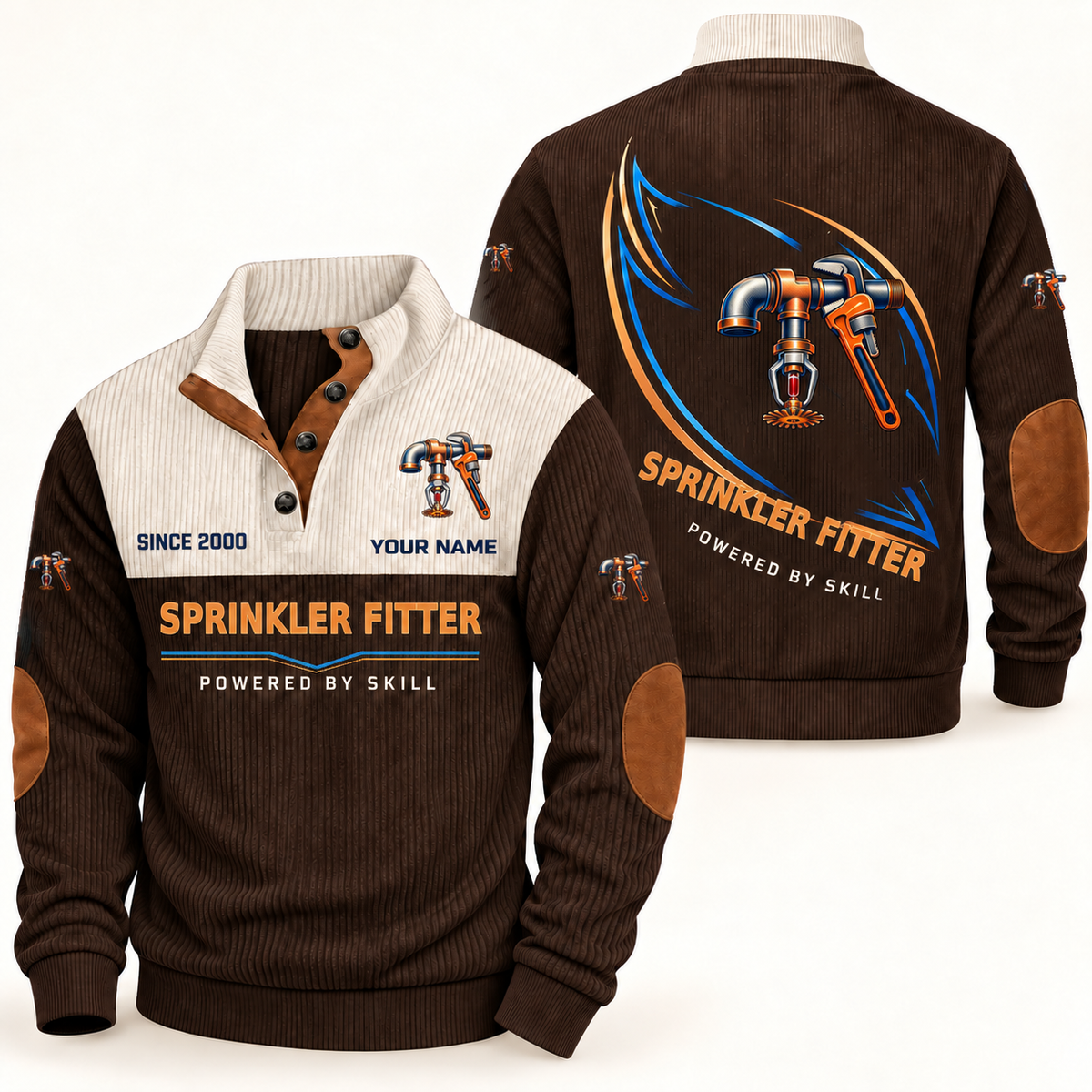 Sprinkler Fitter Heritage Collar Sports Sweatshirt in Brown, front and back, with blue and orange fire-sprinkler pipework, pendent sprinkler head and pipe wrench artwork, SPRINKLER FITTER and POWERED BY SKILL lettering, and sample YOUR NAME text.