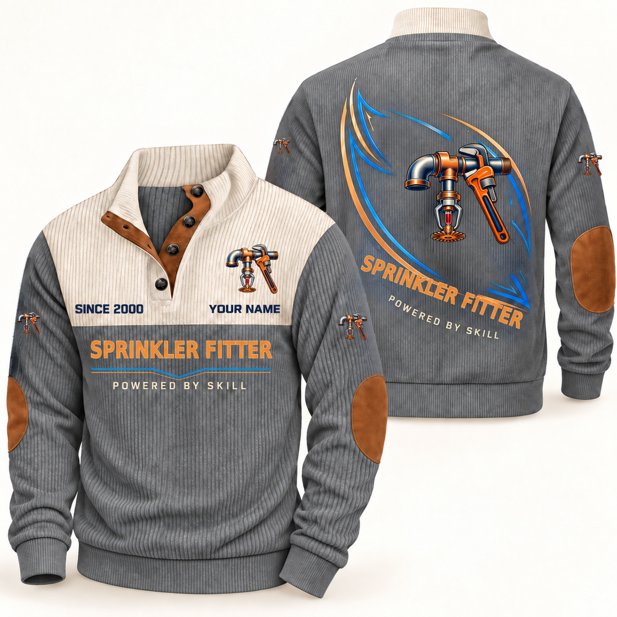 Sprinkler Fitter Heritage Collar Sports Sweatshirt in Grey, front and back, with blue and orange fire-sprinkler pipework, pendent sprinkler head and pipe wrench artwork, SPRINKLER FITTER and POWERED BY SKILL lettering, and sample YOUR NAME text.