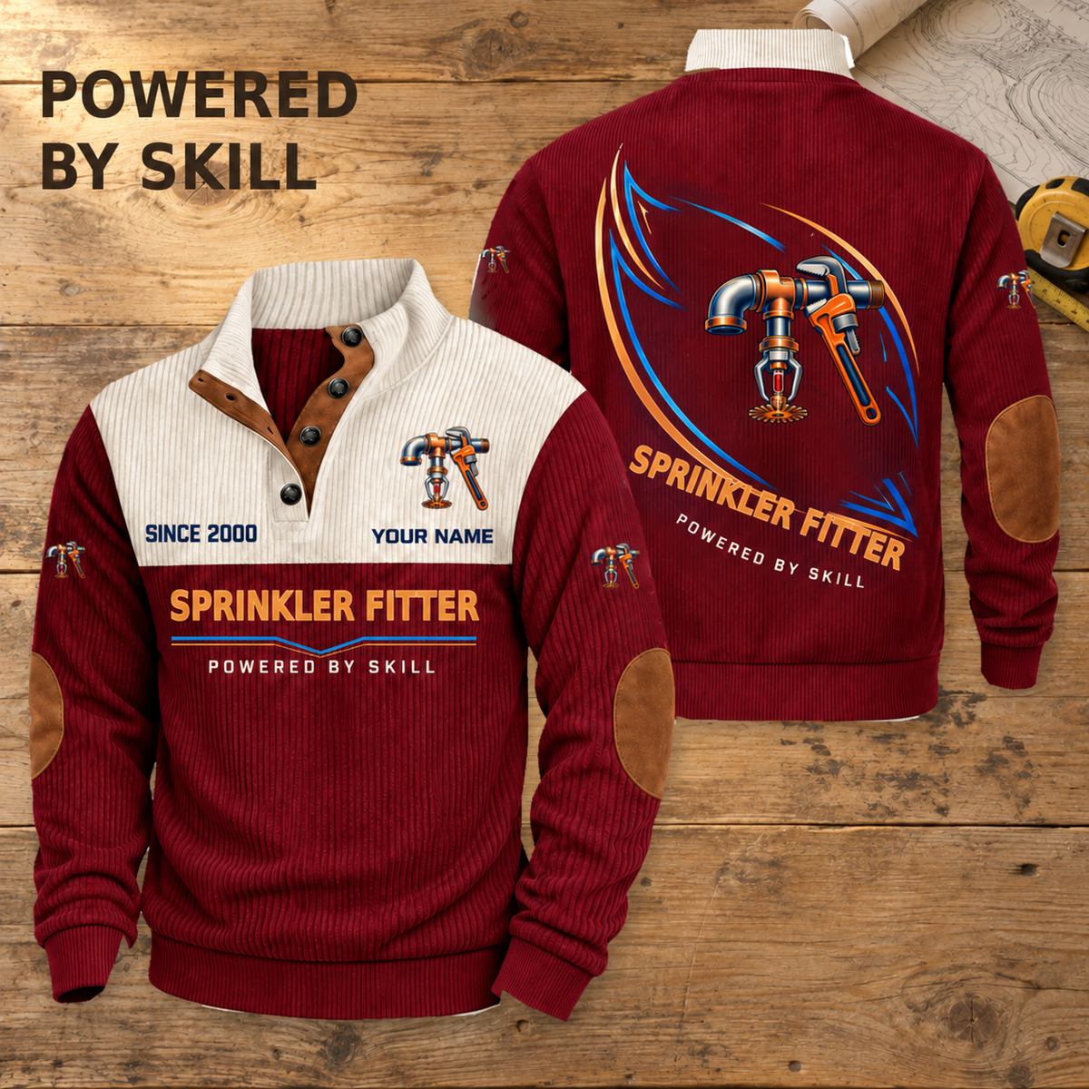 Jujube Red Sprinkler Fitter Heritage Collar Sports Sweatshirt, staggered front and back views on a wooden workbench with a Powered by Skill headline.