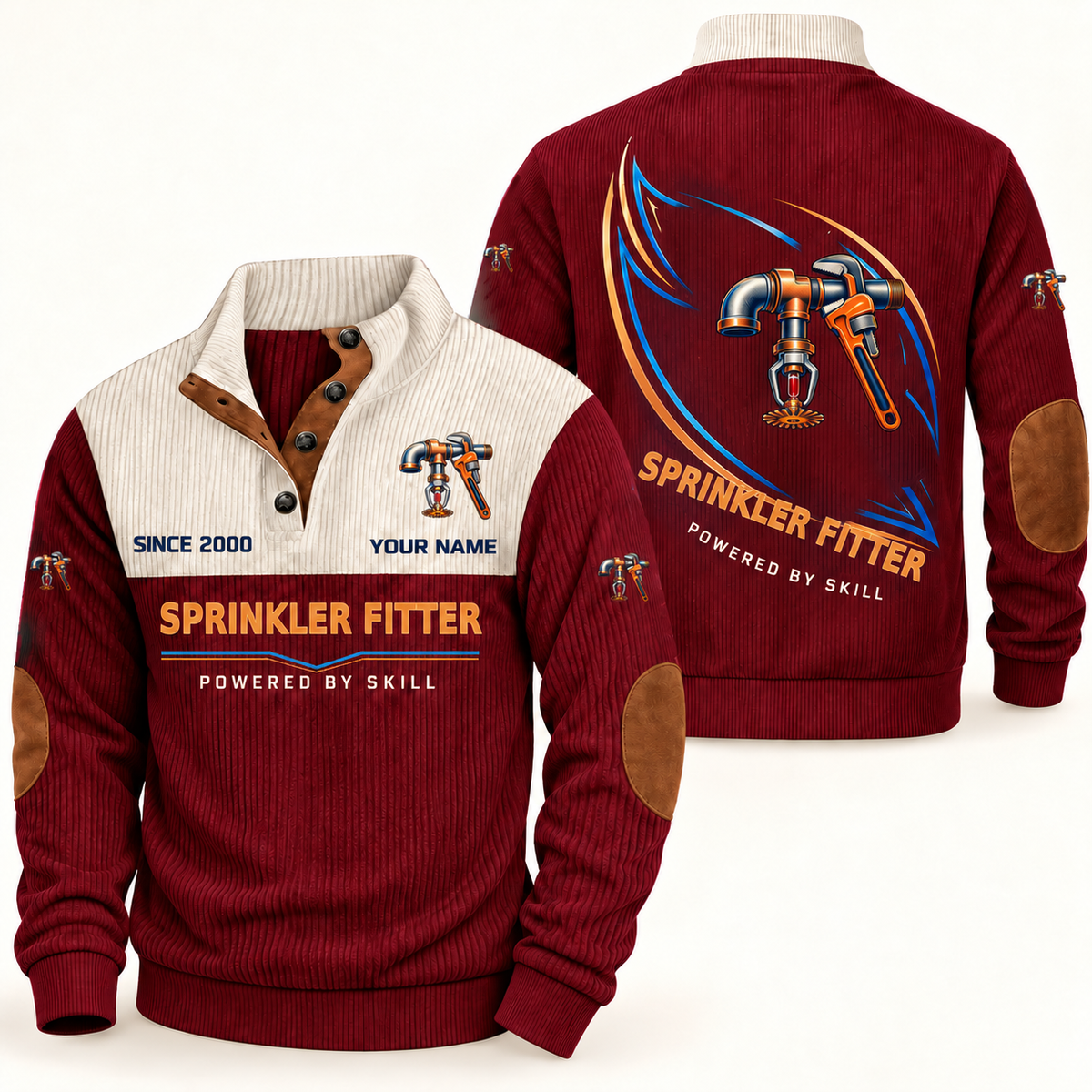 Sprinkler Fitter Heritage Collar Sports Sweatshirt in Jujube Red, front and back, with blue and orange fire-sprinkler pipework, pendent sprinkler head and pipe wrench artwork, SPRINKLER FITTER and POWERED BY SKILL lettering, and sample YOUR NAME text.