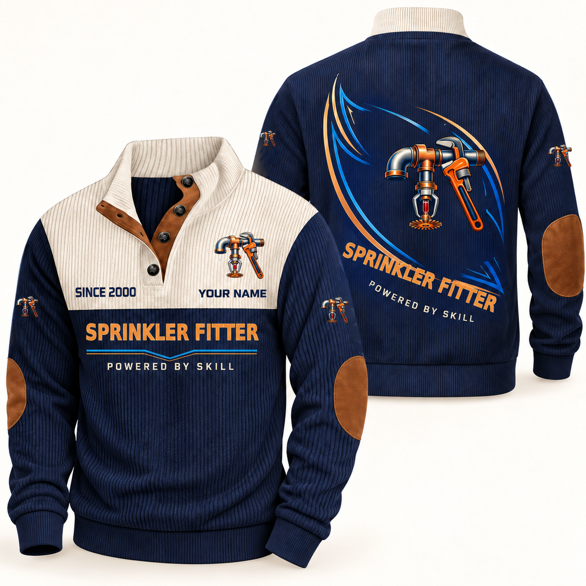 Sprinkler Fitter Heritage Collar Sports Sweatshirt in Navy, front and back, with blue and orange fire-sprinkler pipework, pendent sprinkler head and pipe wrench artwork, SPRINKLER FITTER and POWERED BY SKILL lettering, and sample YOUR NAME text.