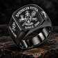 Black-finish Sprinkler Fitter Heritage Emblem signet ring with pendent fire-sprinkler head, connected tee fitting and pipe wrench engraving, illustrated CUSTOM NAME and SINCE 2000 text