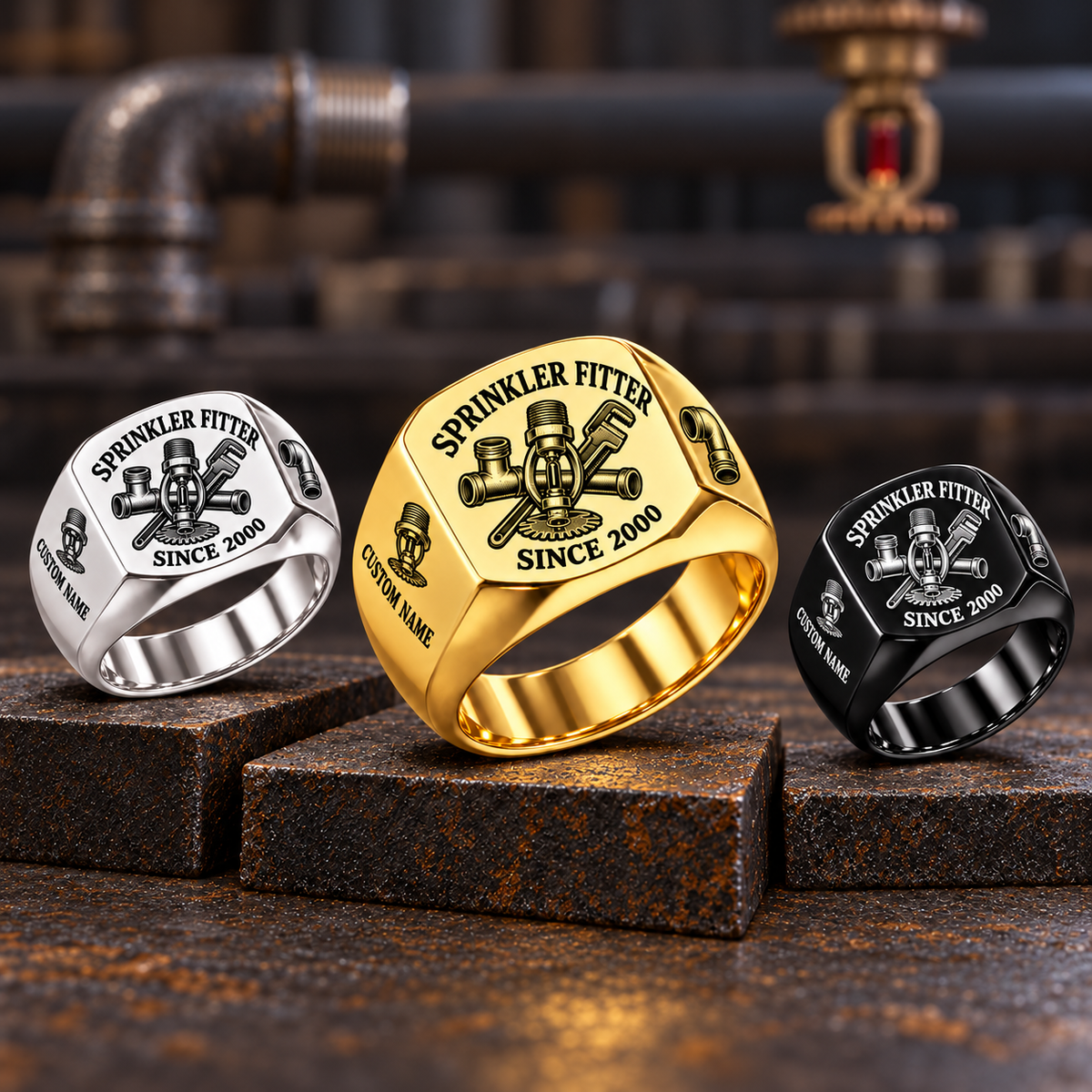 Sprinkler Fitter Heritage Emblem signet rings in a Gold-led side-by-side stepped row, with Silver left and Black right on a stationary sprinkler-fitting workbench