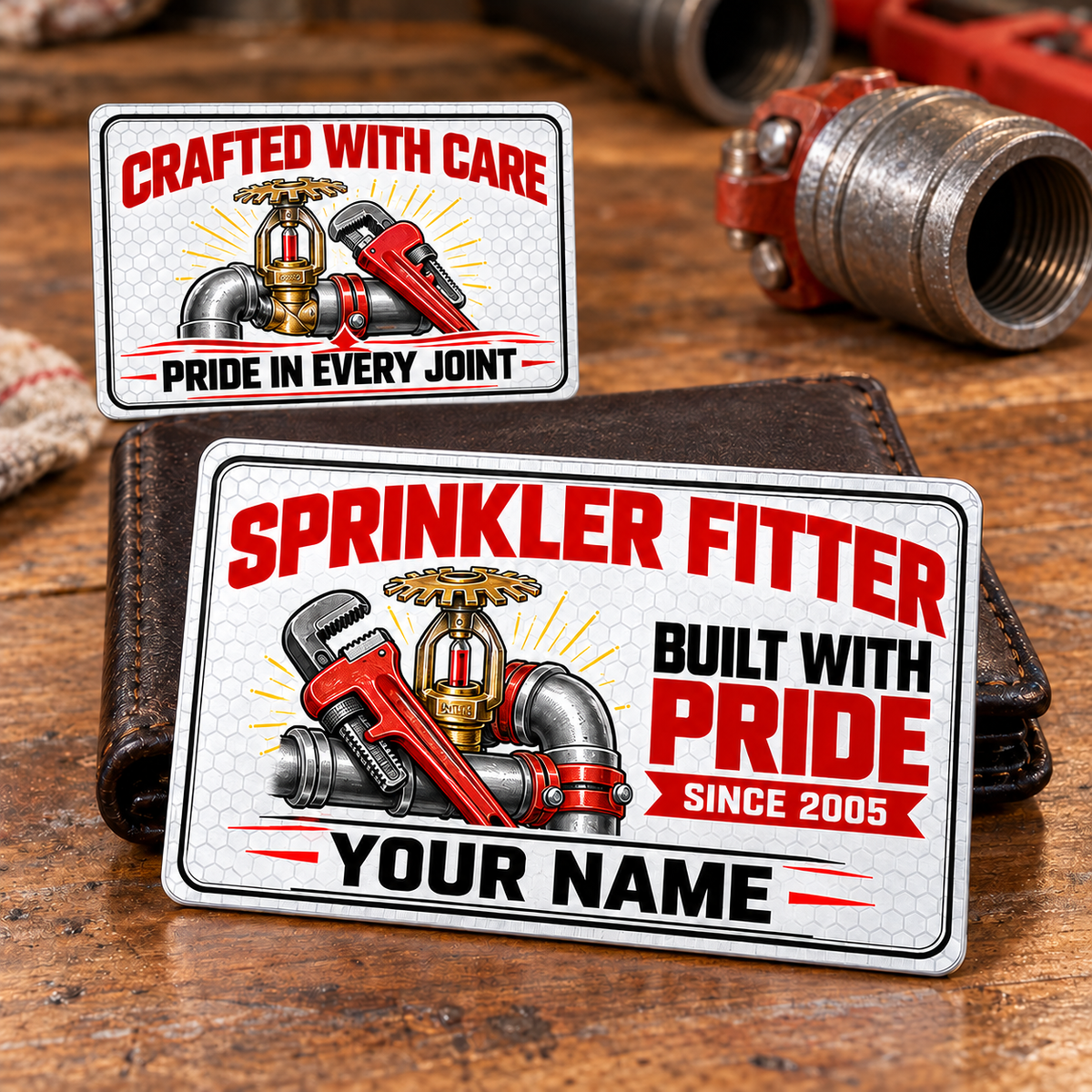 Sprinkler Fitter Honeycomb Pride Aluminum Wallet Card, showing the complete front and reverse with white honeycomb print, black double borders, red headings, pipe wrenches, steel pipework and brass fire-sprinkler heads; two views of one fixed-artwork card.