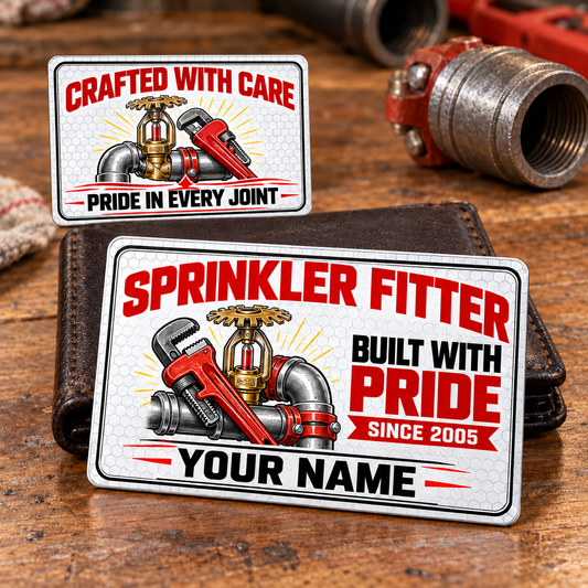 Sprinkler Fitter Honeycomb Pride Aluminum Wallet Card, showing the complete front and reverse with white honeycomb print, black double borders, red headings, pipe wrenches, steel pipework and brass fire-sprinkler heads; two views of one fixed-artwork card.