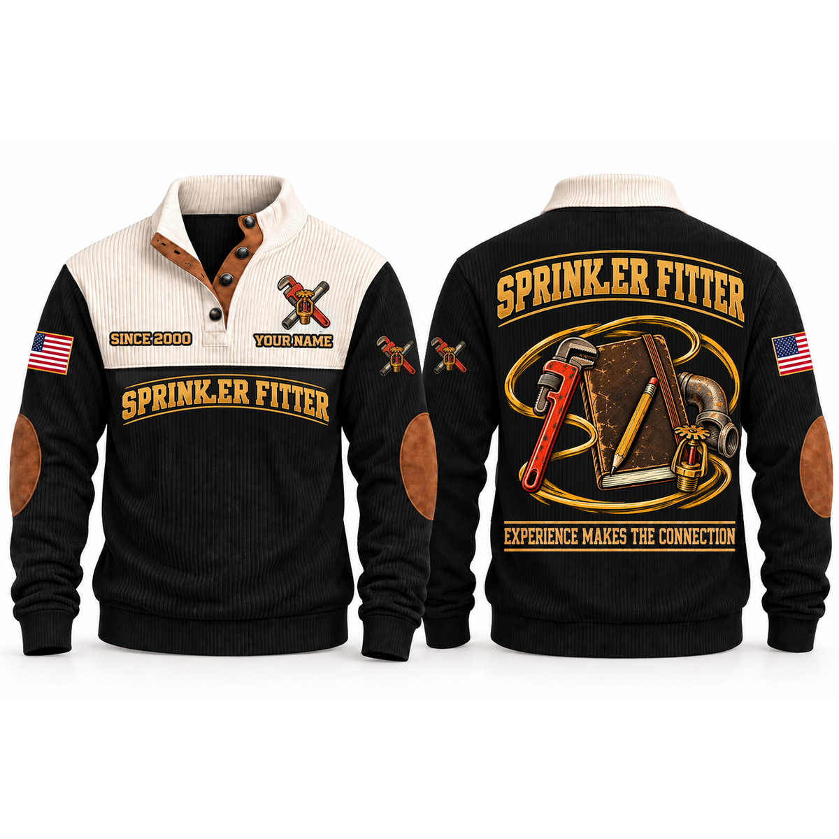 Sprinkler Fitter Fitting Knowledge Sports Sweatshirt in Black, front and back garment views with pipe-fitting notebook, pencil, pipe wrench, pipe elbow and sprinkler head, EXPERIENCE MAKES THE CONNECTION lettering and source sample YOUR NAME and SINCE 2000 text.