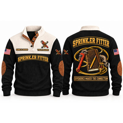 Sprinkler Fitter Fitting Knowledge Sports Sweatshirt in Black, front and back garment views with pipe-fitting notebook, pencil, pipe wrench, pipe elbow and sprinkler head, EXPERIENCE MAKES THE CONNECTION lettering and source sample YOUR NAME and SINCE 2000 text.