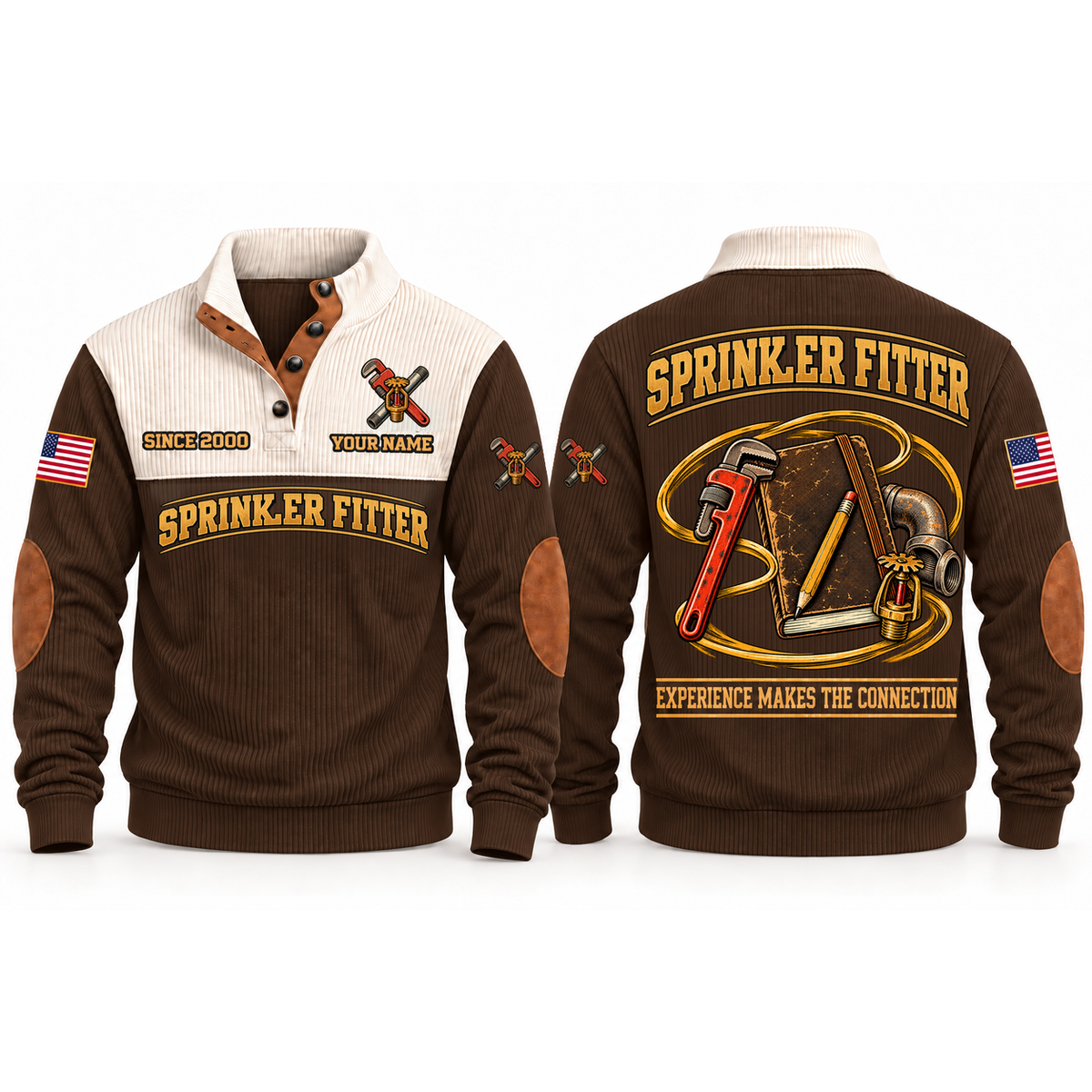 Sprinkler Fitter Fitting Knowledge Sports Sweatshirt in Brown, front and back garment views with pipe-fitting notebook, pencil, pipe wrench, pipe elbow and sprinkler head, EXPERIENCE MAKES THE CONNECTION lettering and source sample YOUR NAME and SINCE 2000 text.